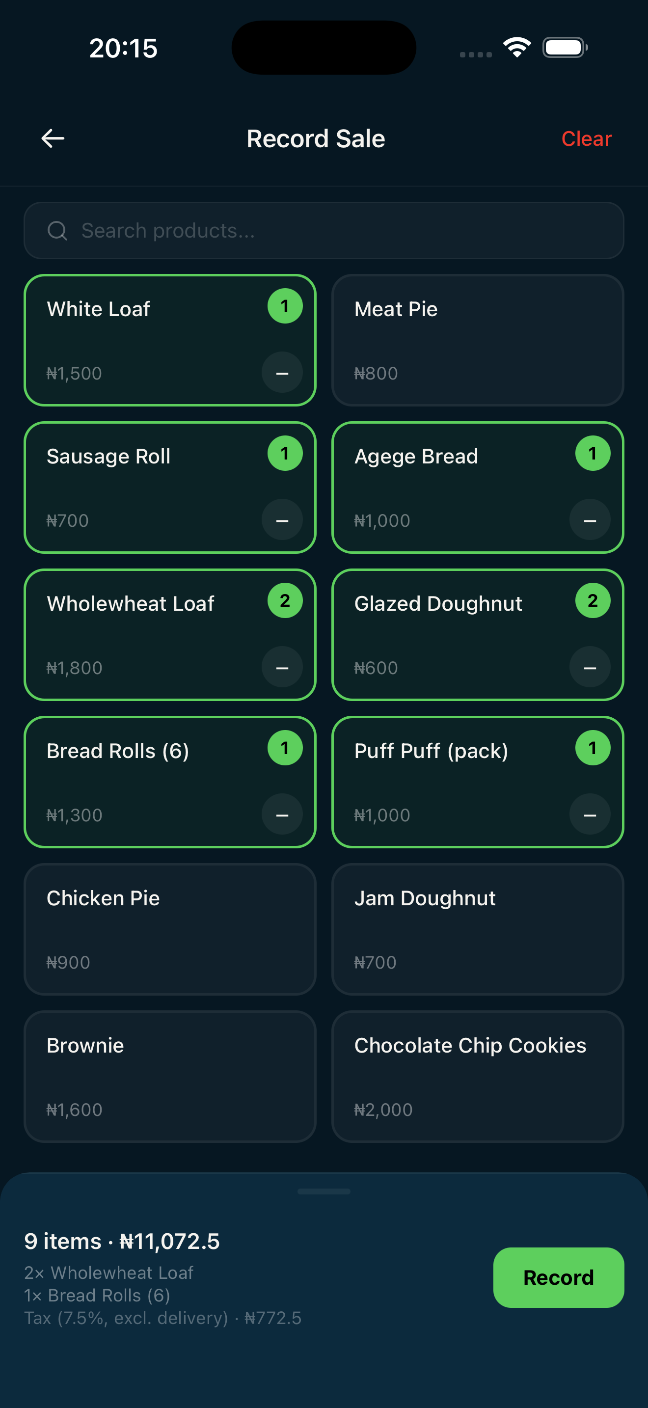 Recording a sale in the Wayg app